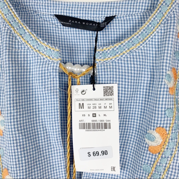 Zara Gingham blue embroidered checkered dress M - Picture 5 of 8